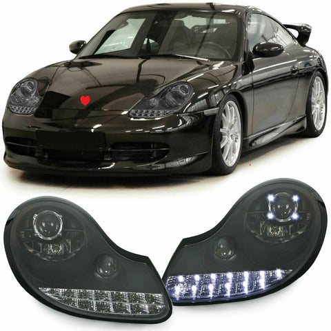 Black Smoked Glass With Chrome LED DRL Projector Front Headlights For PORSCHE BOXSTER 986 / 996 MK1 (1996-2004)